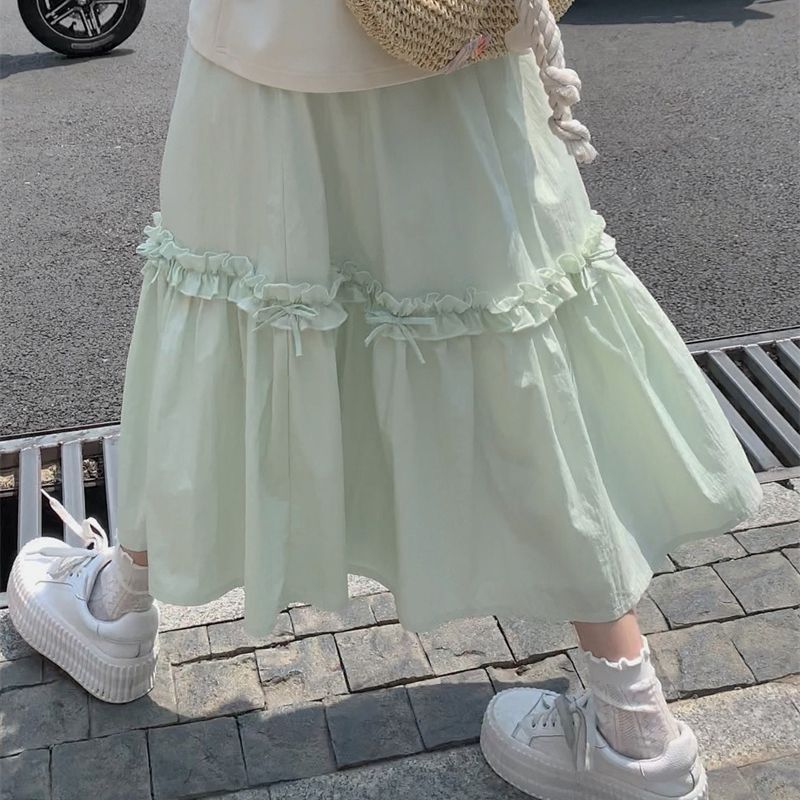 Vanilla Green Coquette Bow Maxi Skirt