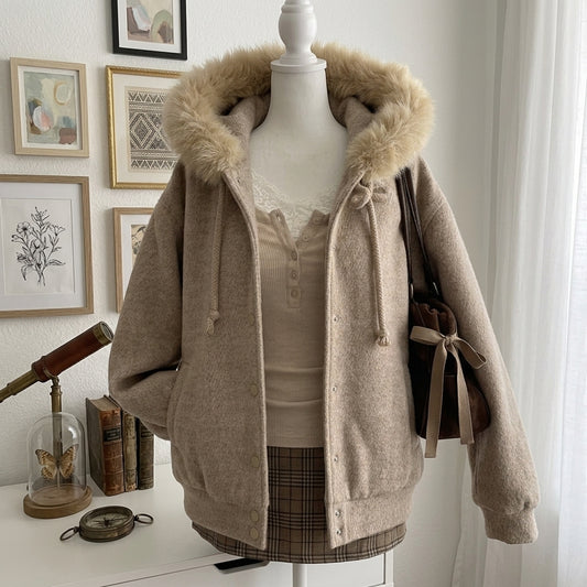 A beige hooded jacket with a fluffy faux-fur trimmed hood, displayed on a white mannequin torso in an indoor room setting. The jacket is styled over a beige top and a brown plaid skirt, with a dark brown shoulder bag hanging from the mannequin.