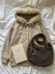 Velvet Hooded Winter Coat + Vintage Checkered Print Crossbody Bag