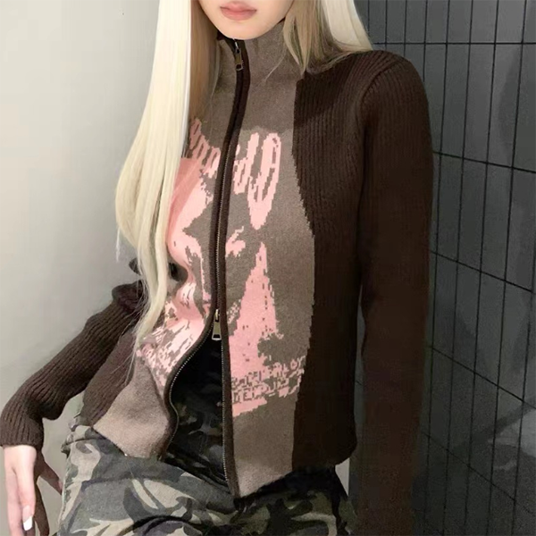 Vintage Abstract Print Contrast Color Patch Cardigan - fairypeony