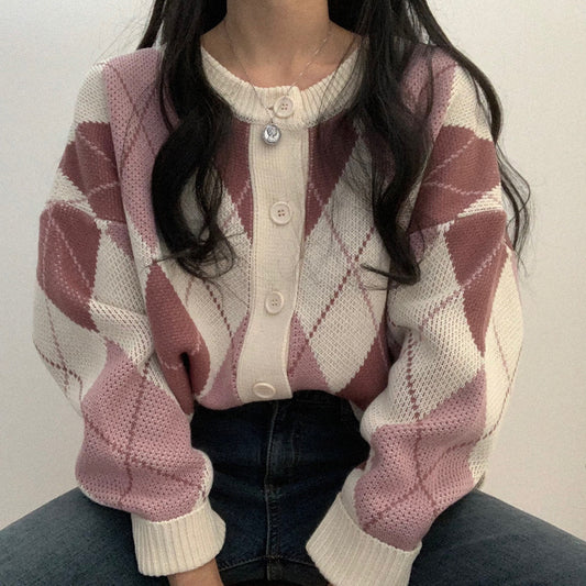 Vintage Argyle Print Oversized Cardigan