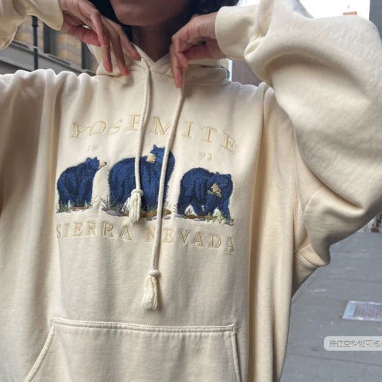 Vintage Bear Embroidery Oversized Hoodie