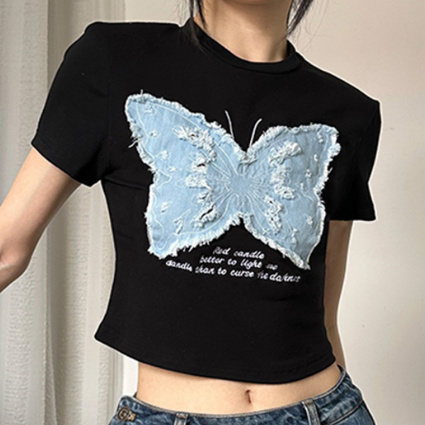 Vintage Butterfly Patchwork Short Sleeve Tee - fairypeony