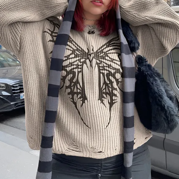 Vintage Butterfly Print Loose Sweater - fairypeony