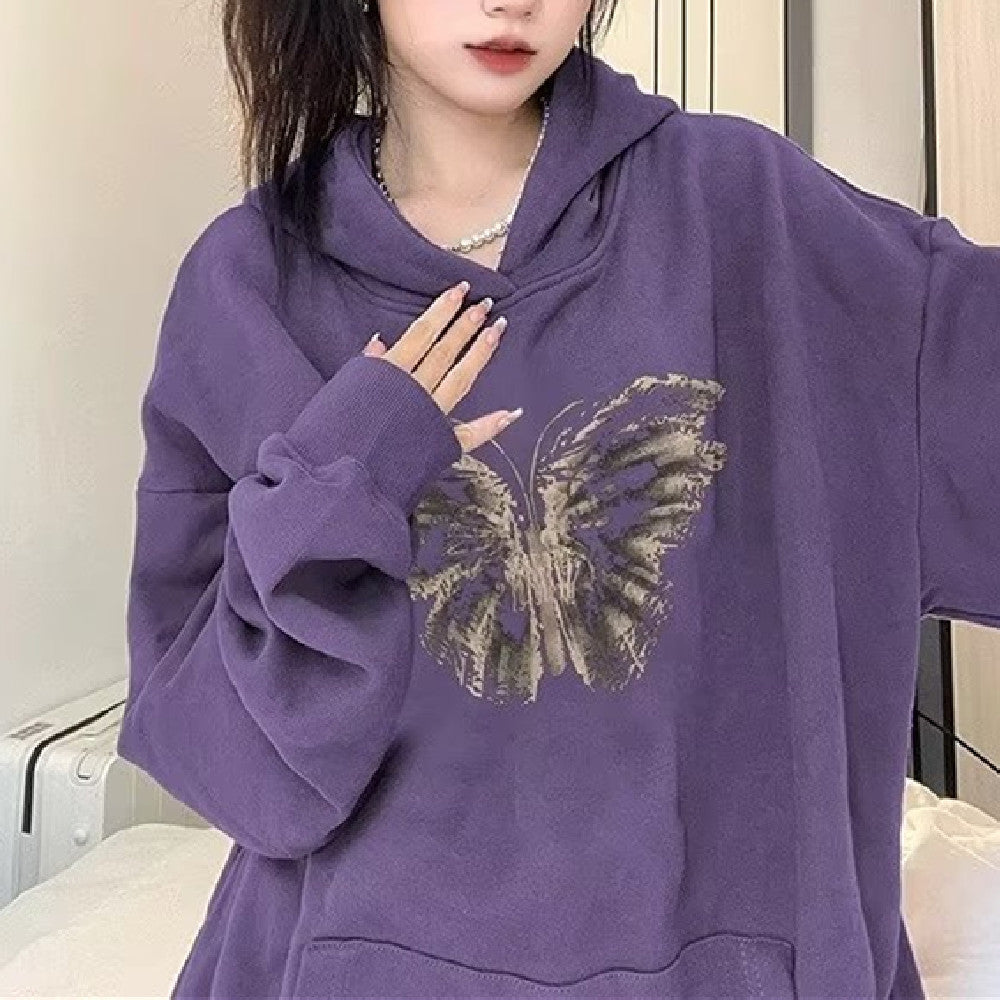 Vintage Butterfly Print Oversized Hoodie - fairypeony