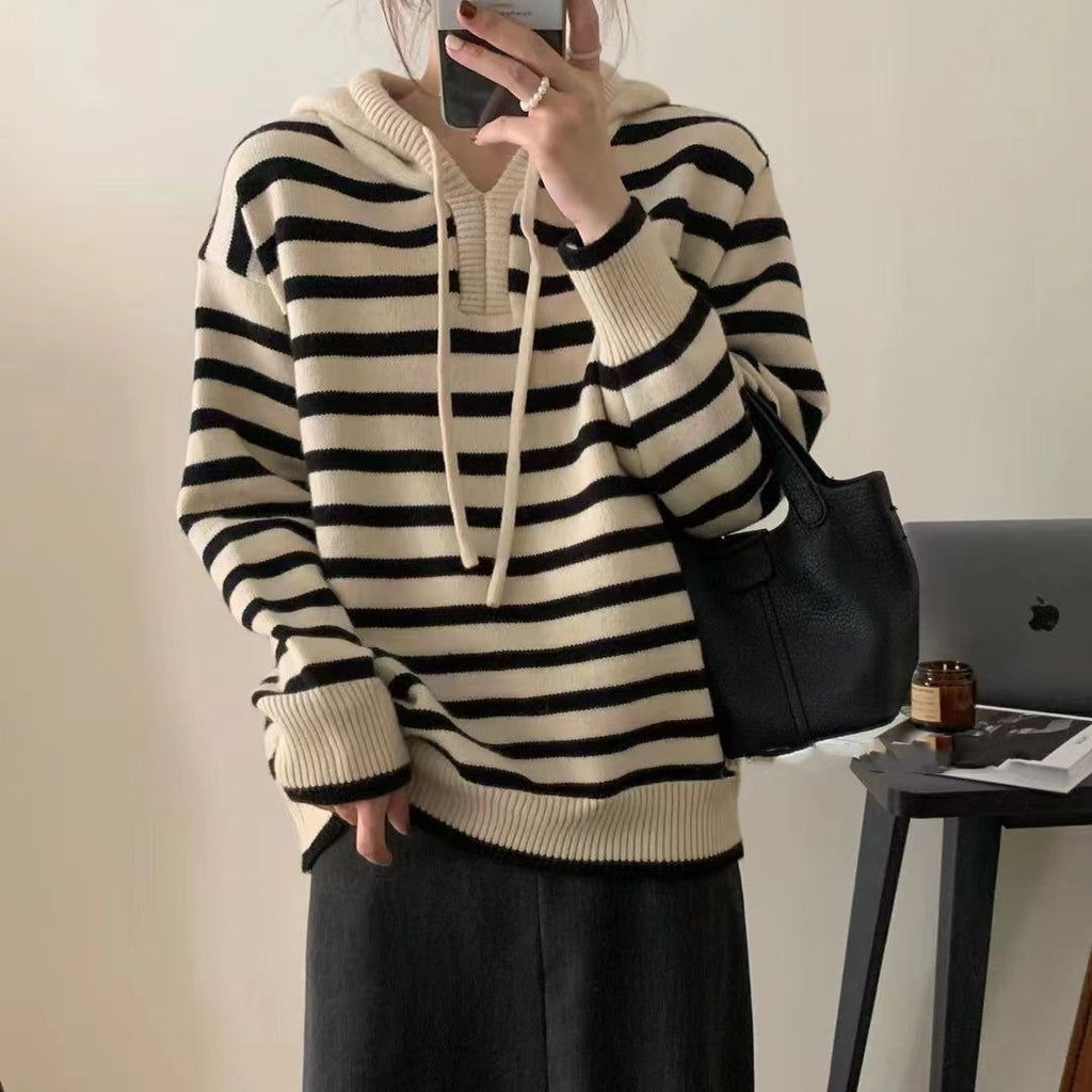 Vintage Contrast Color Striped Hooded Knit Sweater - fairypeony