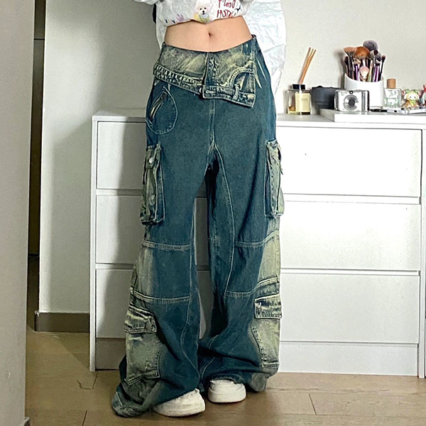 Vintage Contrast Wash Fold Over Cargo Jeans - fairypeony