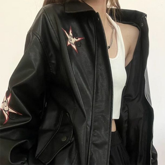 Vintage Embroidered Star Pu Leather Jacket - fairypeony