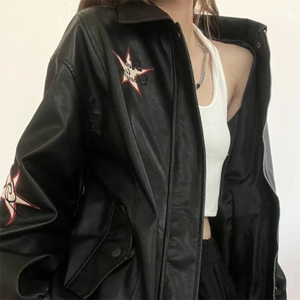 Vintage Embroidered Star Pu Leather Jacket - fairypeony