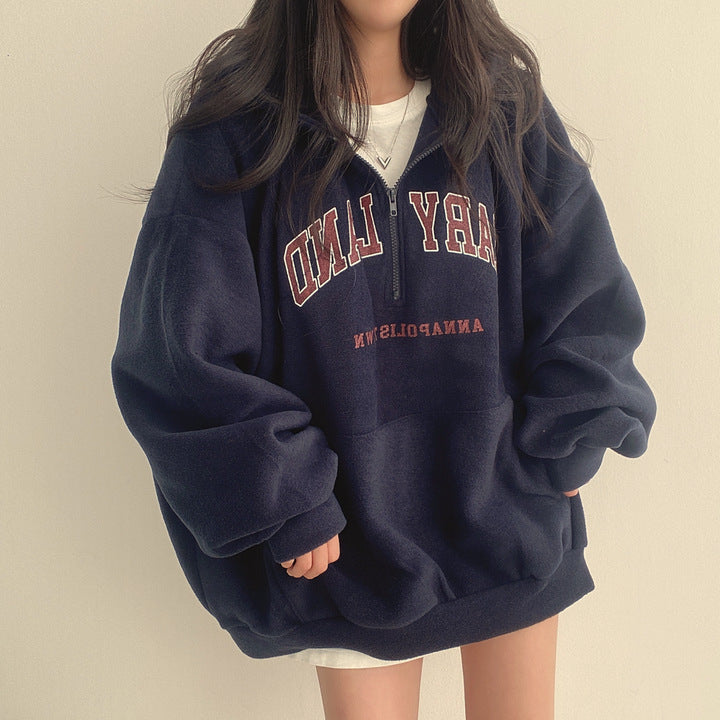 Vintage Embroidery Letter Half Zip Up Hoodie