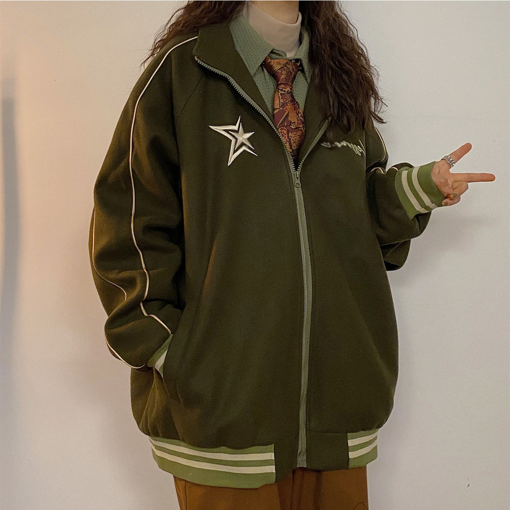 Vintage Embroidery Star Zip Up Oversized Jacket - fairypeony