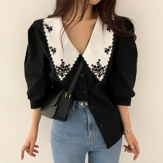 Vintage Floral Collar Puff Sleeve Blouse