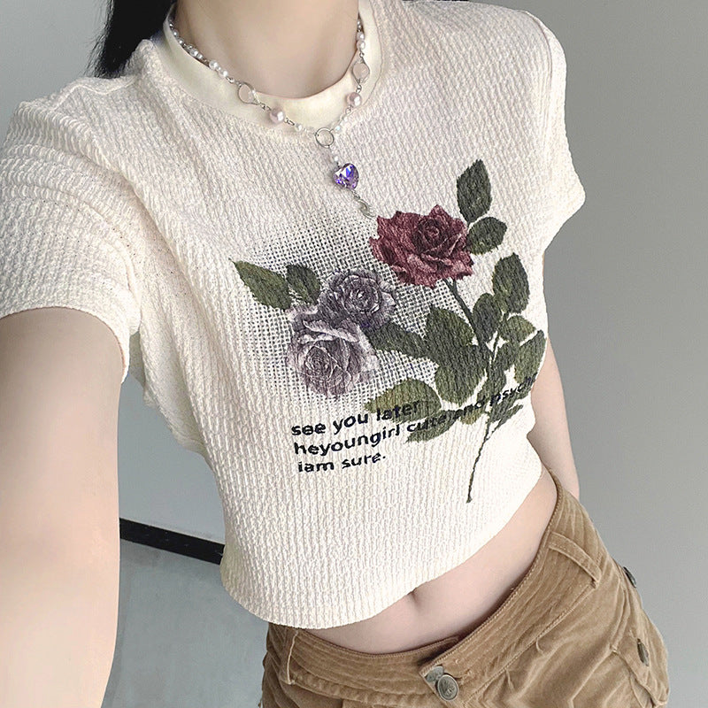 Vintage Floral Print Short Sleeve Tee - fairypeony