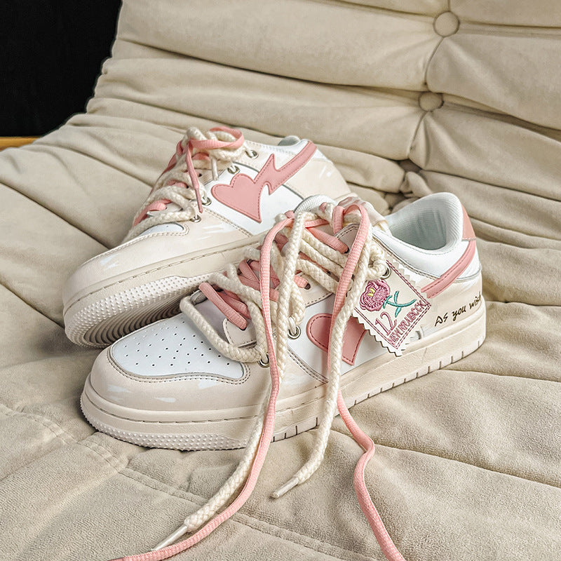 Vintage Heart Patch Pu Leather Paneled Sneakers - fairypeony