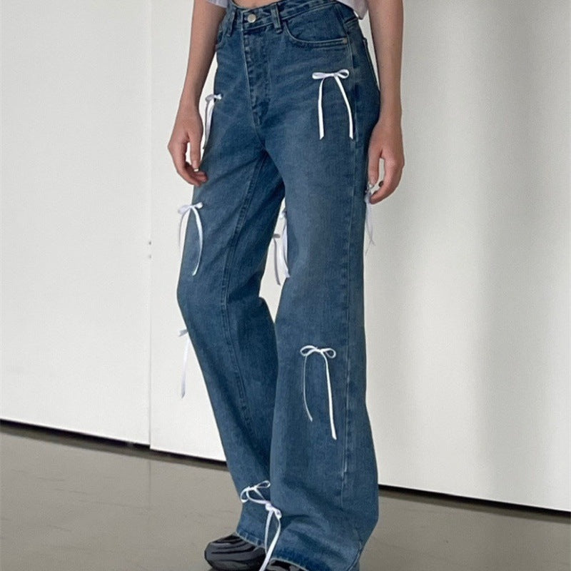 Vintage High Waist Bow Wide Leg Jeans