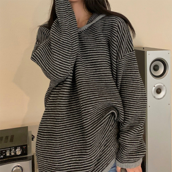 Vintage Knit Striped Hooded Sweater - fairypeony