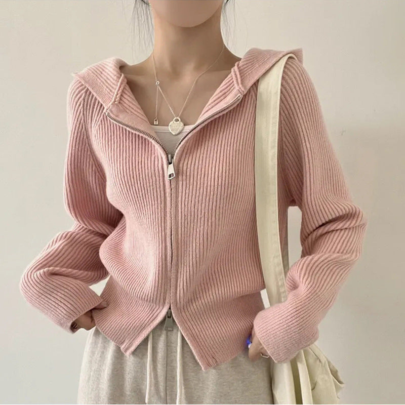 Vintage Knitted Hooded Zip Up Cardigan