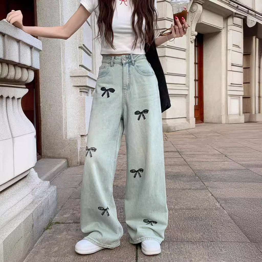 Vintage Lace Bow Print Baggy Boyfriend Jeans