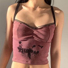 Vintage Lace Letter Print Tank Top - fairypeony