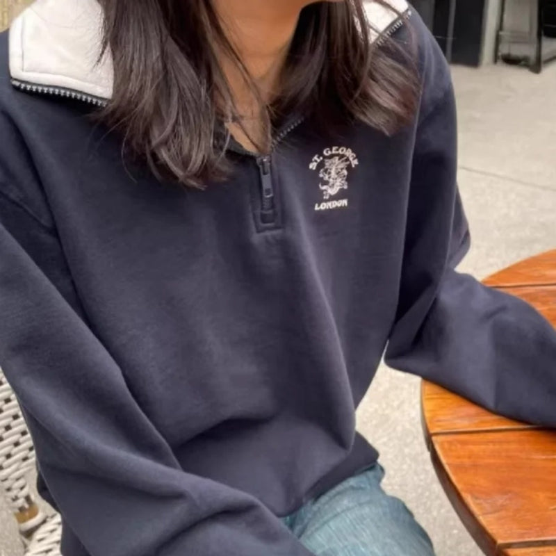 Vintage Letter Embroidered Half Zip Up Sweatshirt