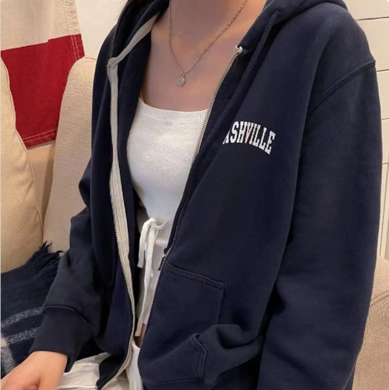 Vintage Letter Embroidered Zip Up Hoodie