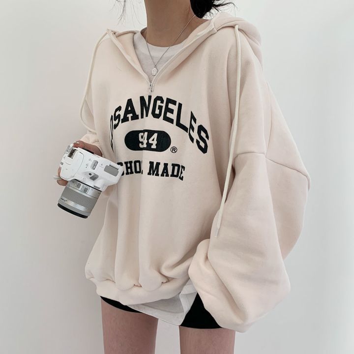 Vintage Letter Print Half Zip Oversized Hoodie - fairypeony