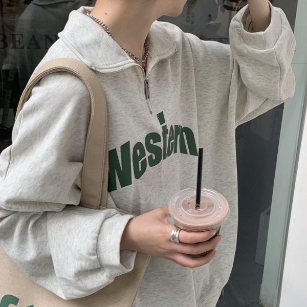 Vintage Letter Print Polo Collar Sweatshirt - fairypeony