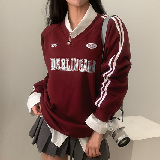 Vintage Letter Print V Neck Piping Long Sleeve Tee - fairypeony