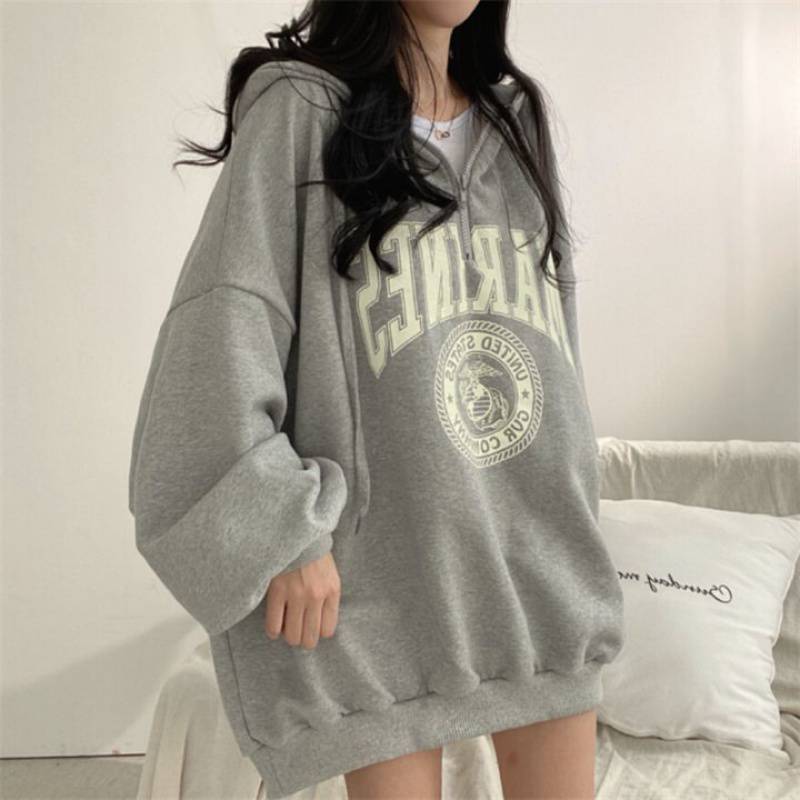 Vintage Logo Print Half Zip Up Oversized Hoodie