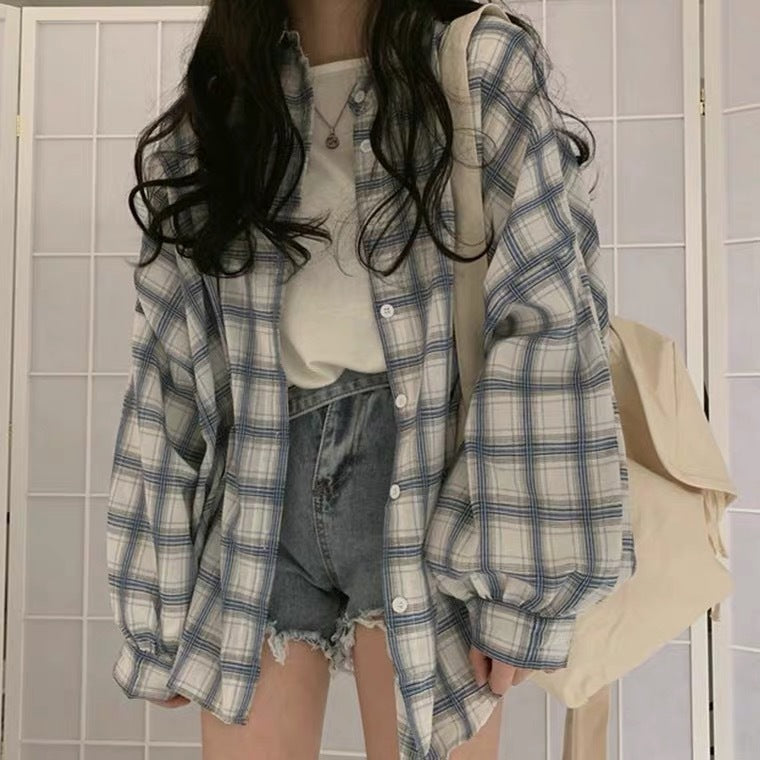 Checkered Puff Sleeve Button Blouse