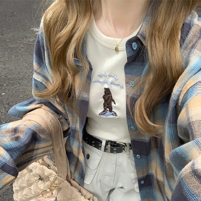 Vintage Plaid Print Long Sleeve Blouse