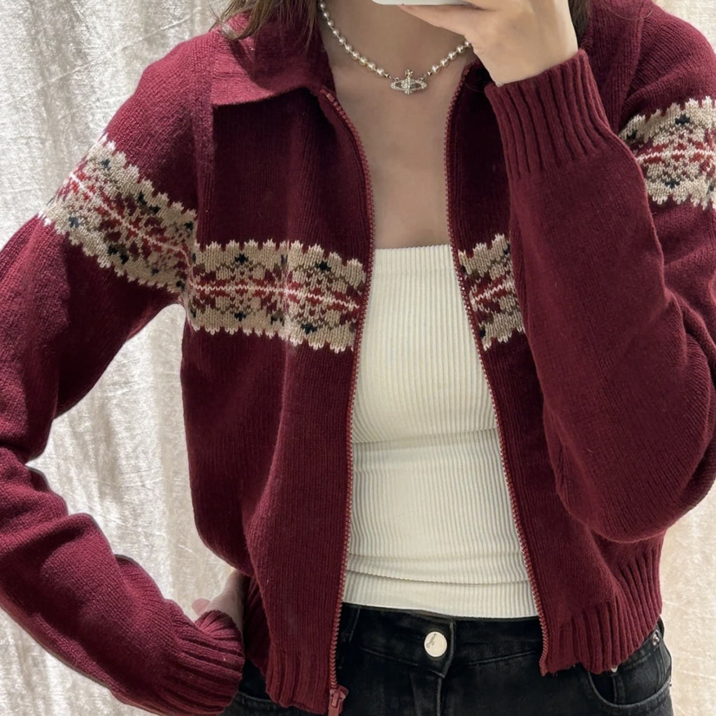 Vintage Polo Collar Zip Up Knit Cardigan