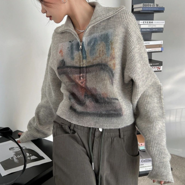 Vintage Print Half Zip Sweater - fairypeony