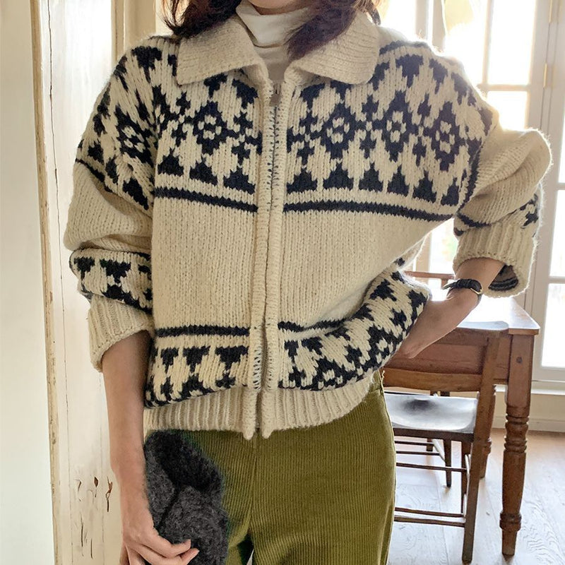 Vintage Print Jacquard Zip Up Cardigan - fairypeony