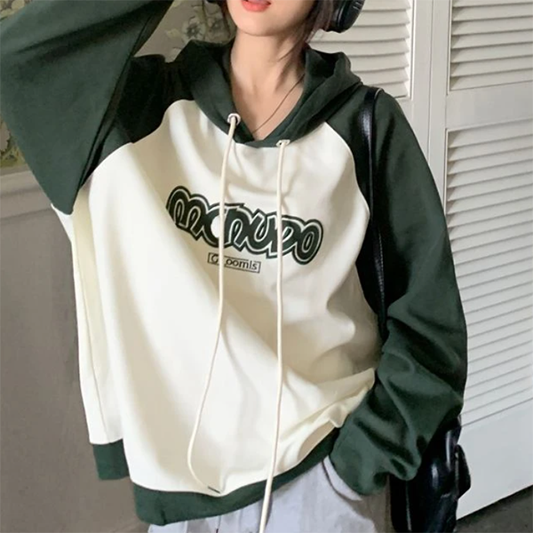 Vintage Raglan Contrast Color Print Oversized Hoodie - fairypeony