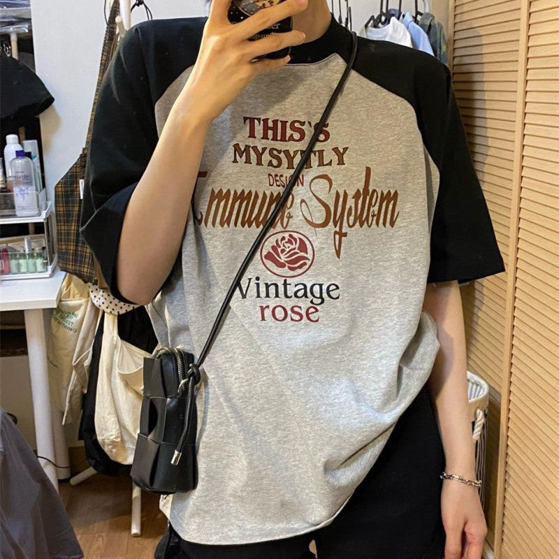 Vintage Rose Raglan Sleeve Short Sleeve Tee - fairypeony