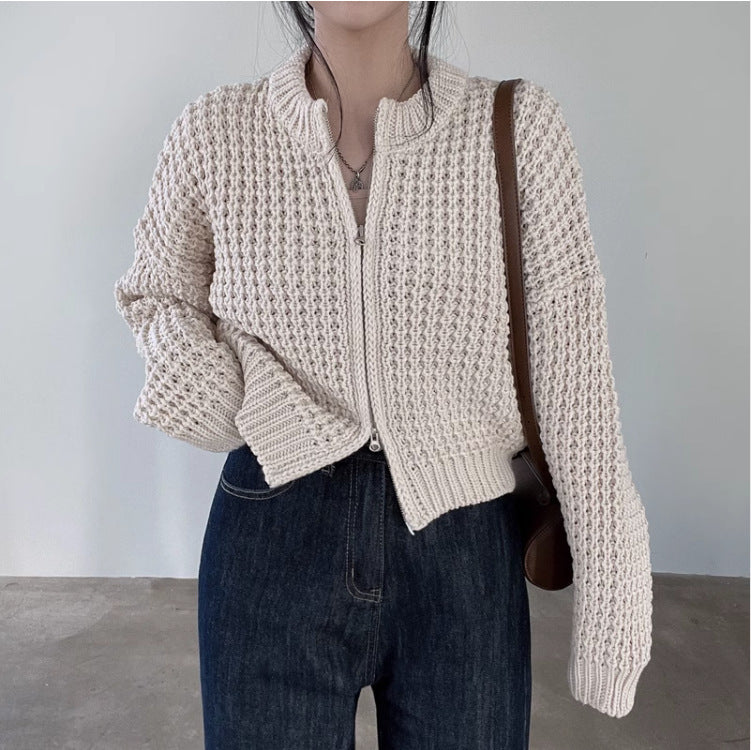 Vintage Round Neck Zip Up Cardigan