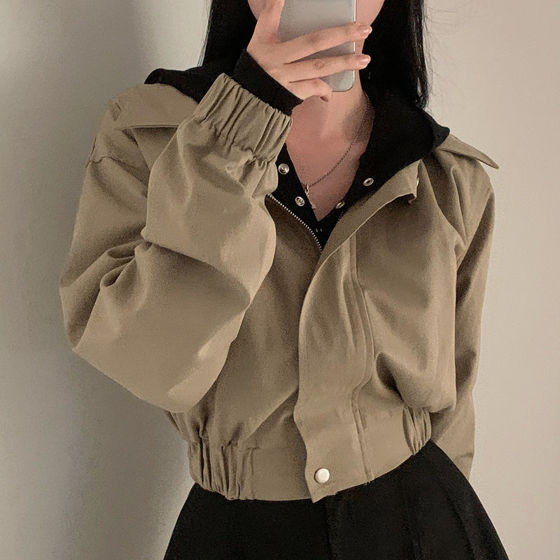 Vintage Solid Color Crop Zip Up Jacket