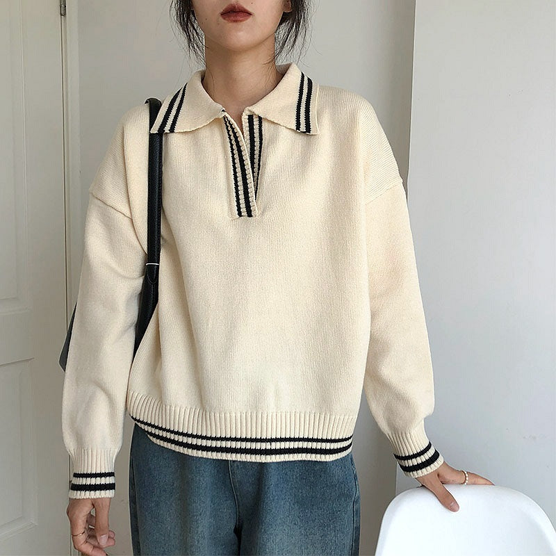 Vintage Solid Color Striped Collar Sweater