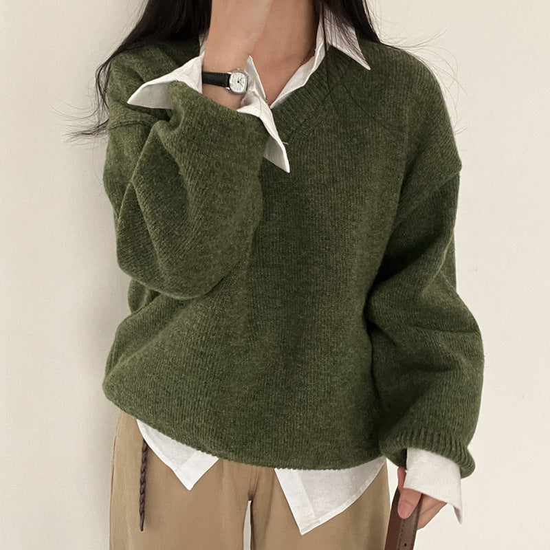 Vintage Solid Color V-Neck Oversized Sweater