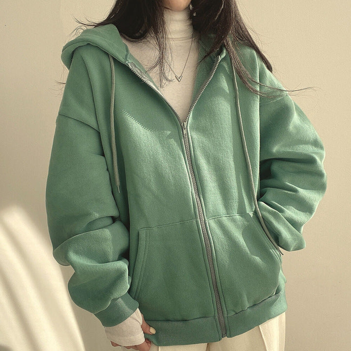 Vintage Solid Color Zip Up Oversized Thick Hoodie