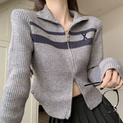 Vintage Striped Zip Up Cropped Cardigan - fairypeony