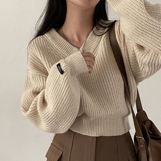 Vintage V-Neck Oversized Cropped Sweater