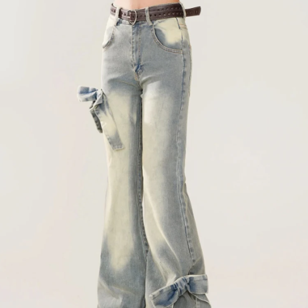 Vintage Wash Bow Flare Leg Jeans