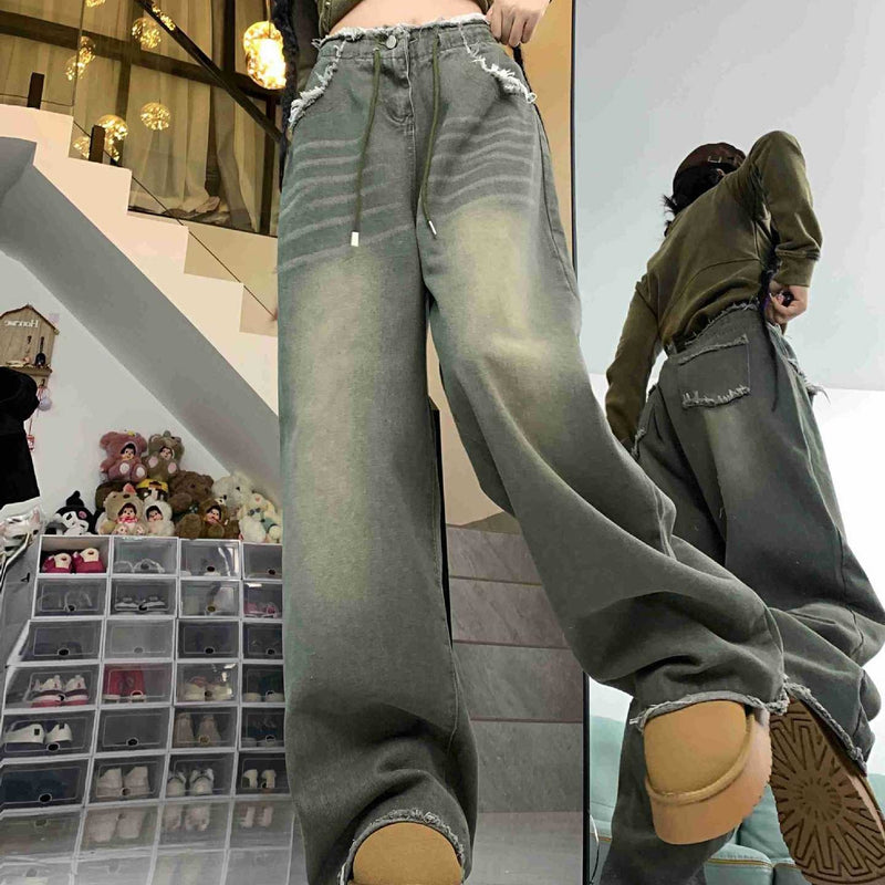 Vintage Wash Drawstring Raw Trim Boyfriend Jeans