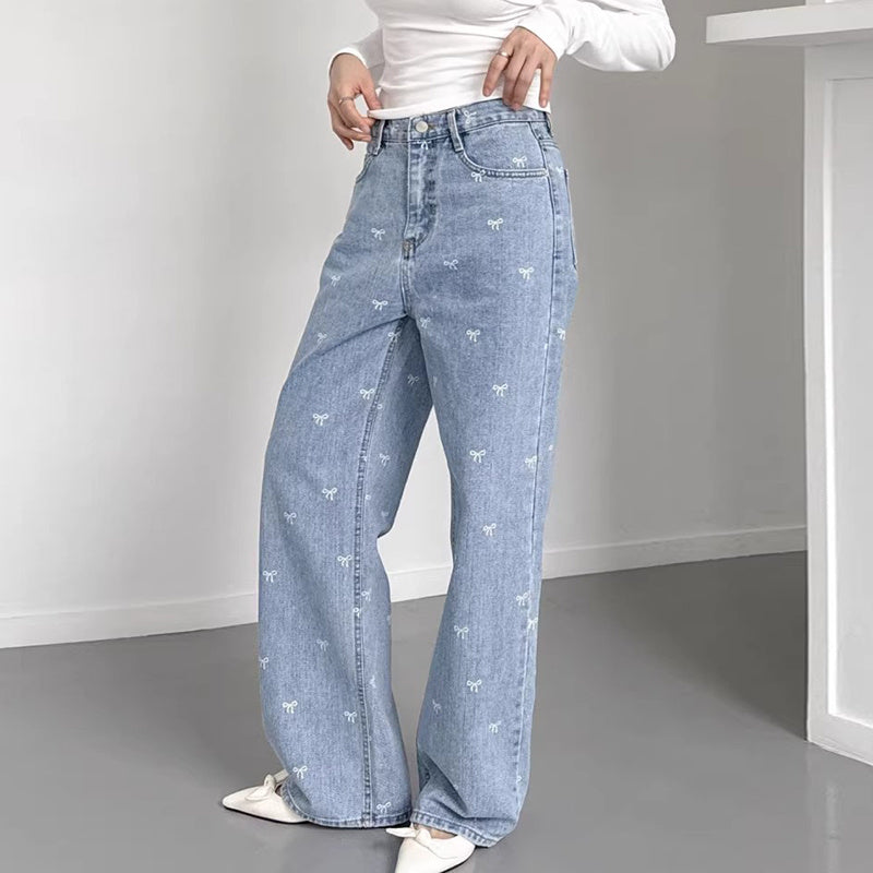 Vintage Wash Embroidered Bow Boyfriend Jeans