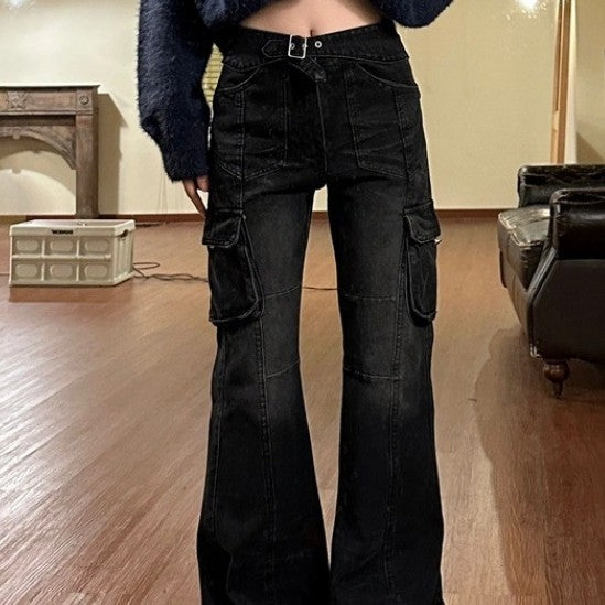 Vintage Wash High Waist Cargo Jeans