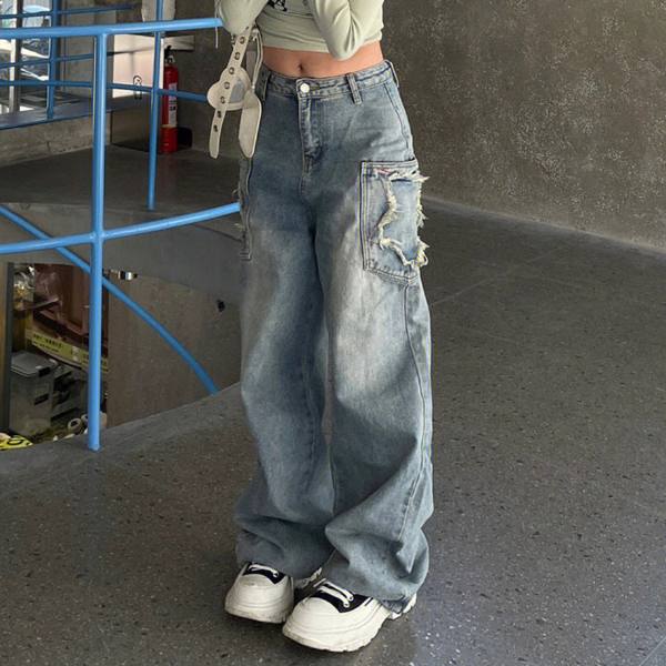 Vintage Wash Star Patch Boyfriend Jeans - fairypeony