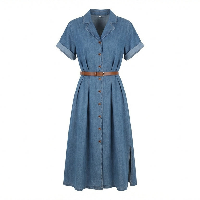 Blue denim dress with a brown belt on a white background