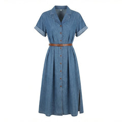 Blue denim dress with a brown belt on a white background